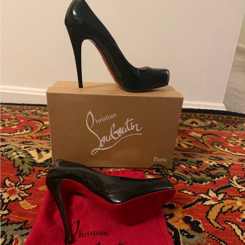 Christian Louboutin Black Patent Platform Stiletto Pumps with Red Soles